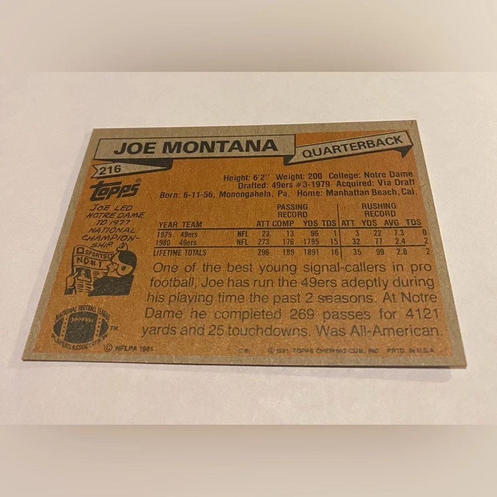 Joe Montana RC Rookie 1981 Topps Football Card San Francisco 49ers #216 Vintage
